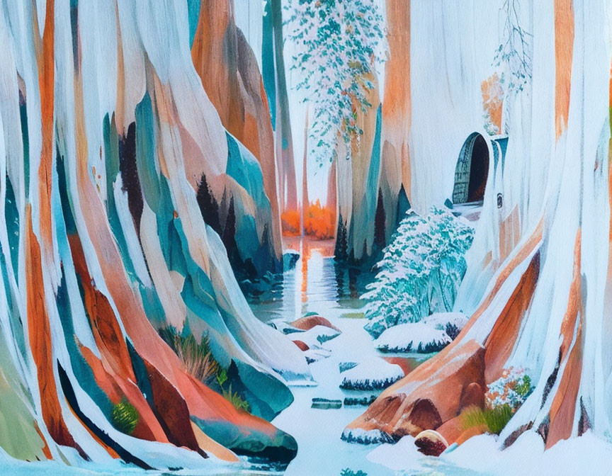 Snowy forest painting with river and mysterious door