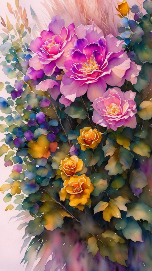 Colorful Watercolor Painting of Blossoming Flowers in Pink, Purple, and Yellow