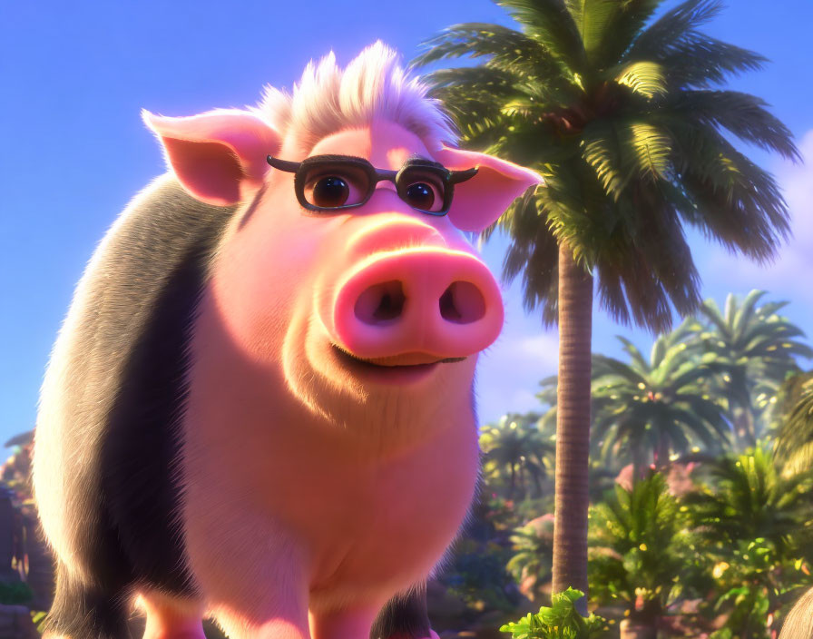 Animated pig with glasses in tropical setting under sunny sky