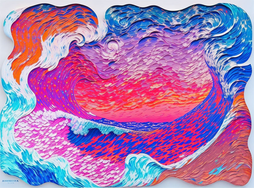 Abstract Wave-Like Painting in Vibrant Blue, Pink, Orange & Purple