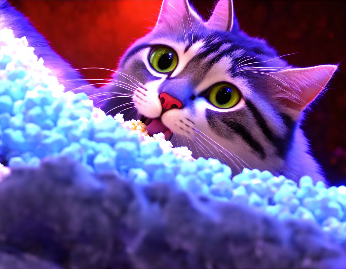 Close-Up Animated Cat with Vivid Green Eyes on Vibrant Red and Purple Background