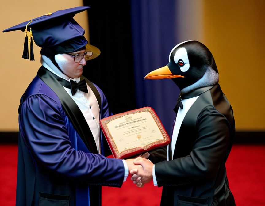 Graduate in cap and gown with penguin mascot on stage with diplomas