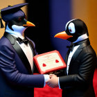 Graduate in cap and gown with penguin mascot on stage with diplomas