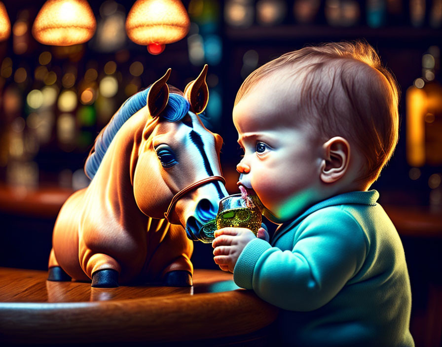 Baby playing with toy horse at bar with colorful lights