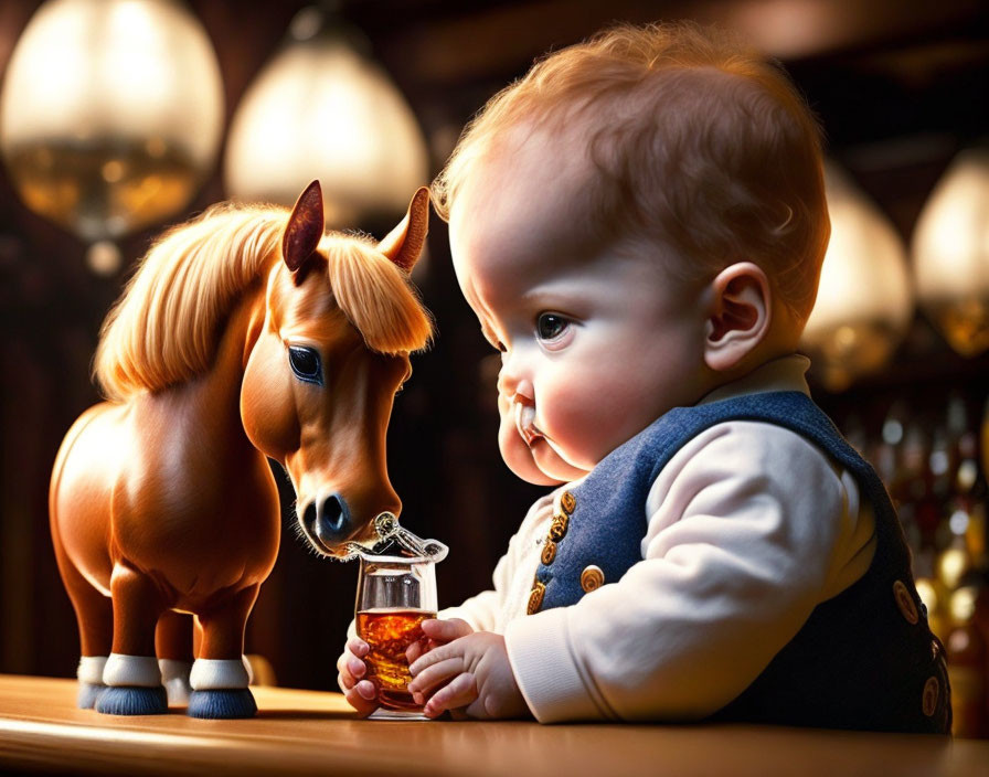 Baby in traditional clothing with toy horse and glass on bar counter