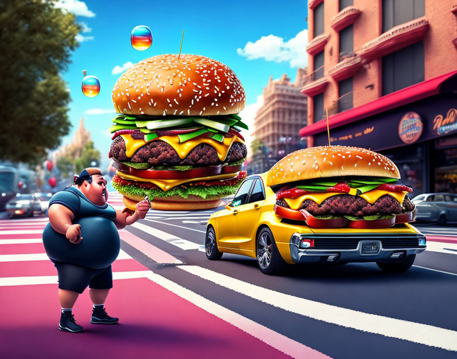 Colorful cartoon man on vibrant city street mesmerized by floating cheeseburgers, one shaped like a