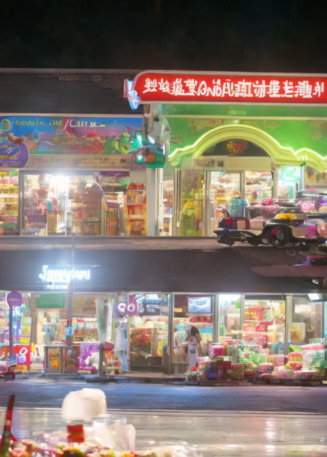 Neon-lit storefront with scooter and person at night