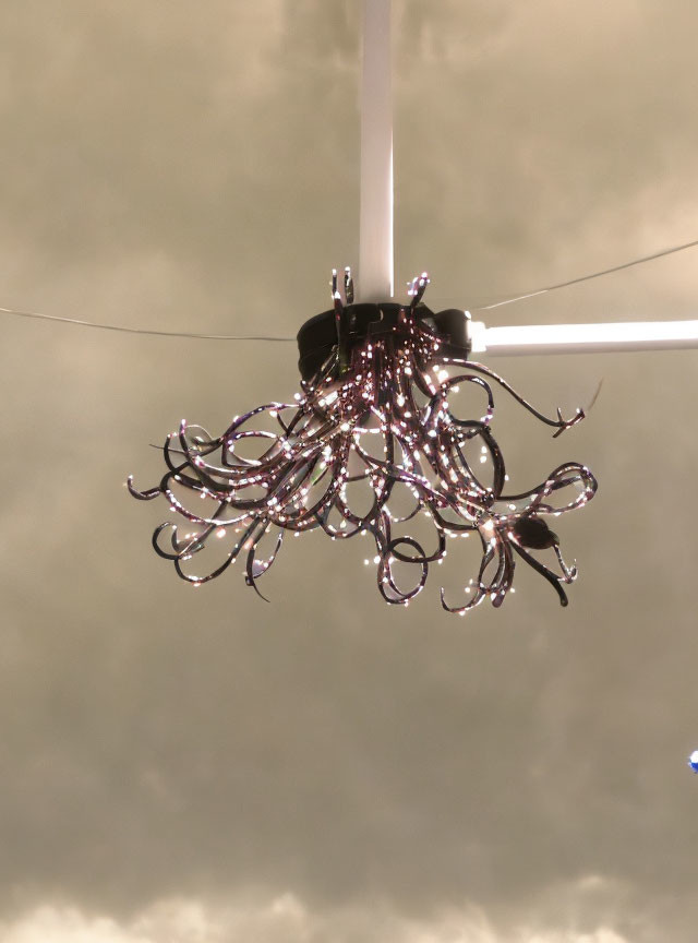 Intricate metal branch pendant light with twinkling lights on warm cloudy backdrop