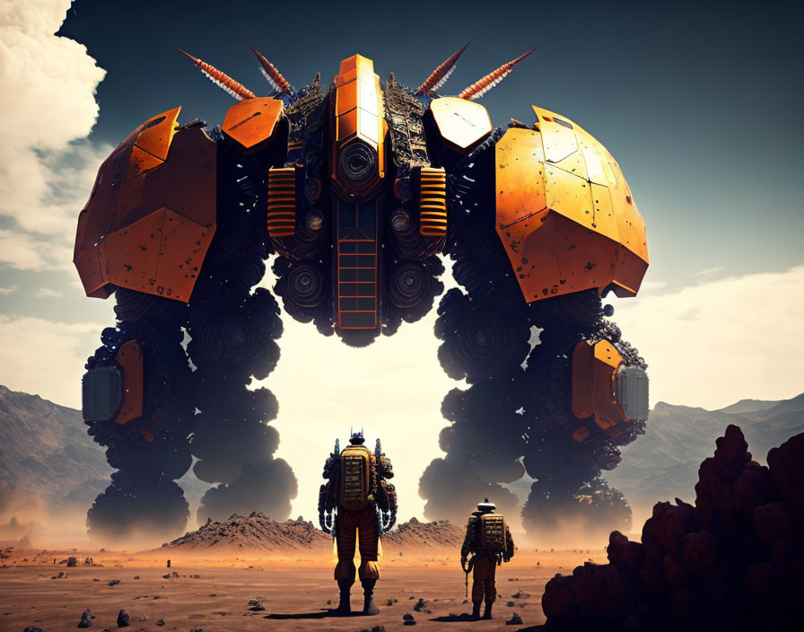 Futuristic figures observe towering mech in barren landscape