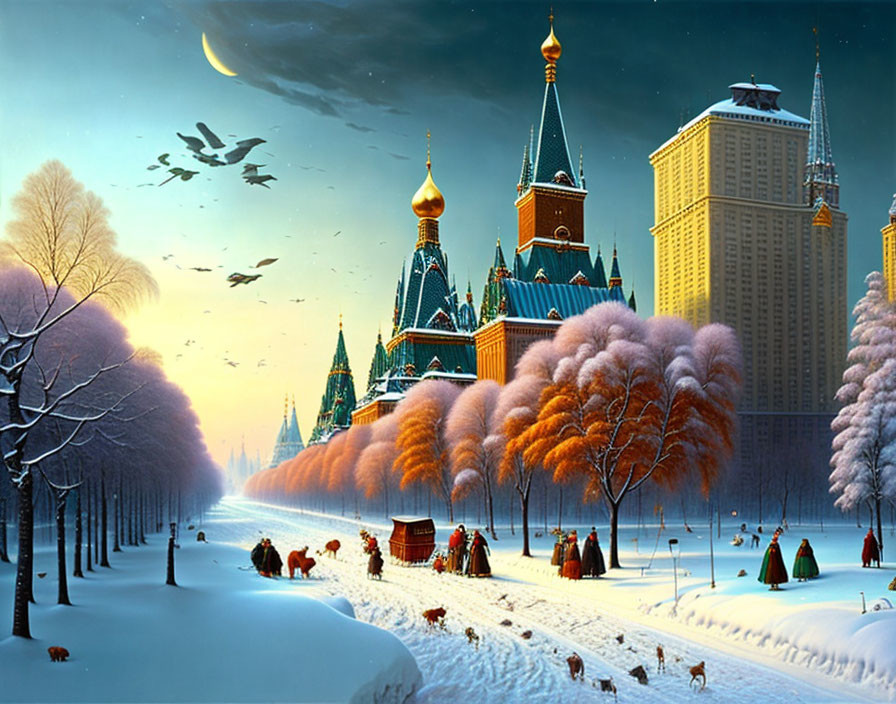 Digital artwork of Moscow's Red Square in winter with snow-covered trees, cathedrals, and