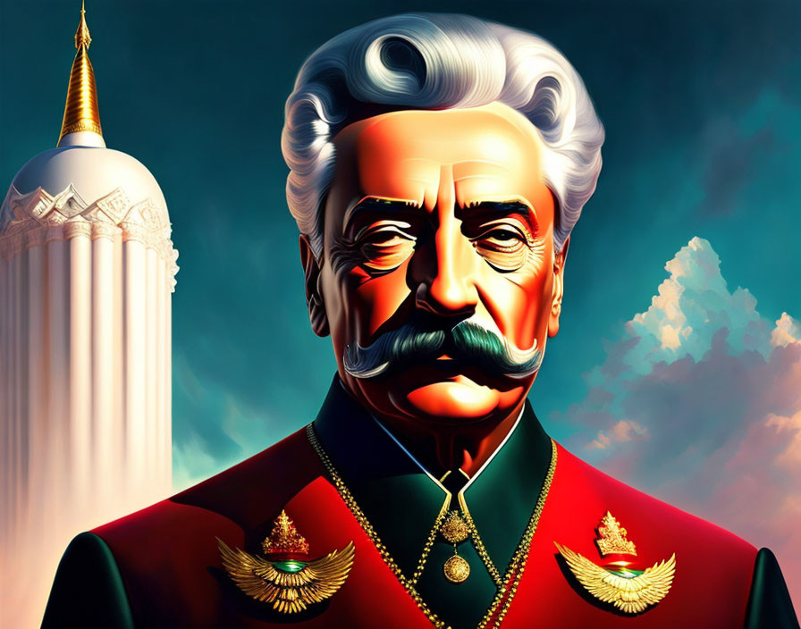 Illustration of older man in red military uniform with white hair and mustache against sky and tower background