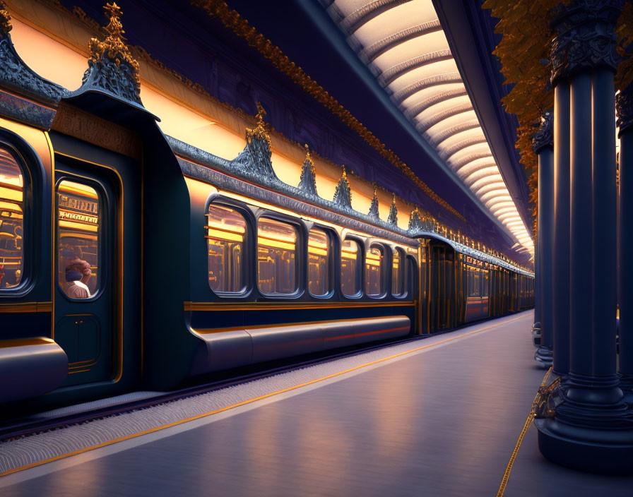 Luxurious Retro-Styled Train Station with Blue Columns and Golden Accents