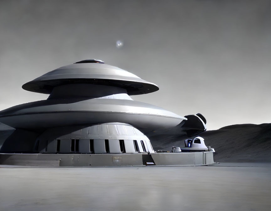 Futuristic UFO-inspired building in desolate landscape