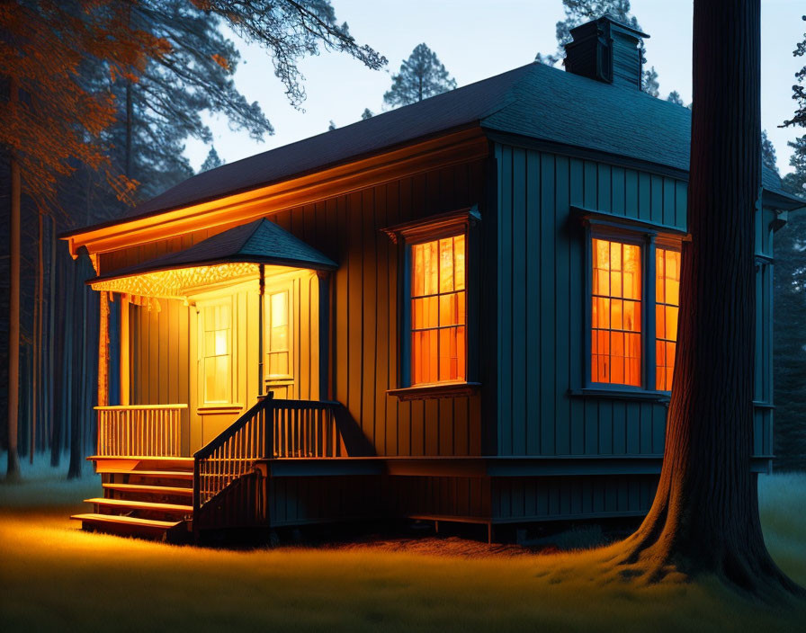 Cozy Cabin with Warm Glowing Lights in Tranquil Forest at Twilight