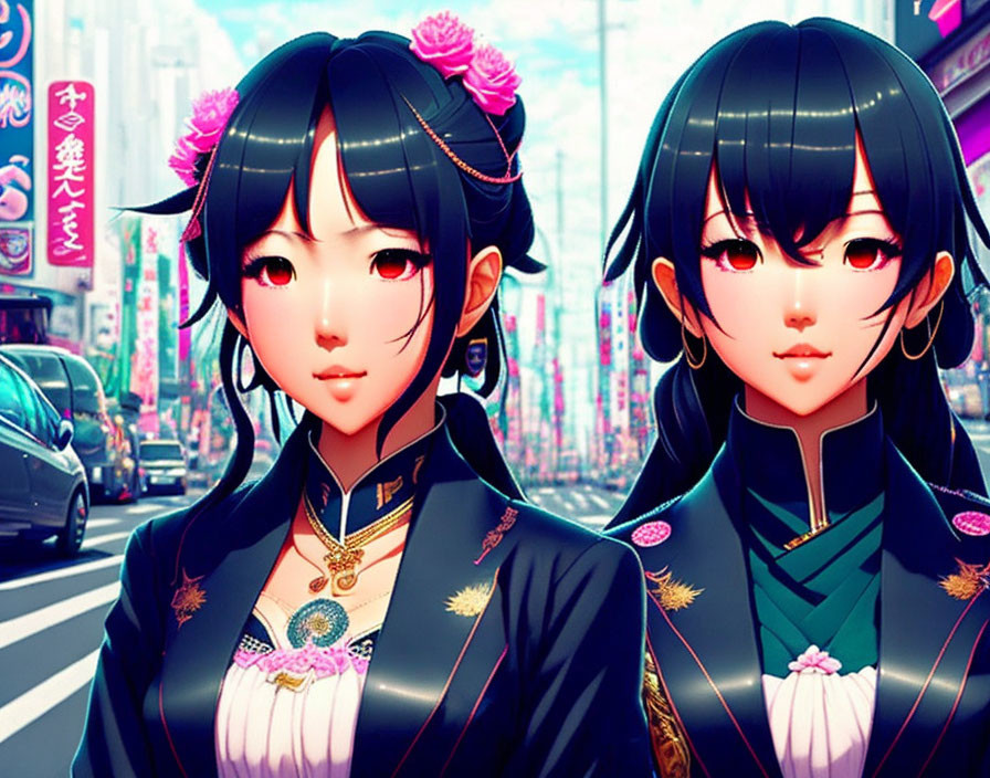 Two black-haired animated female characters in traditional attire against a vibrant city backdrop with neon signs