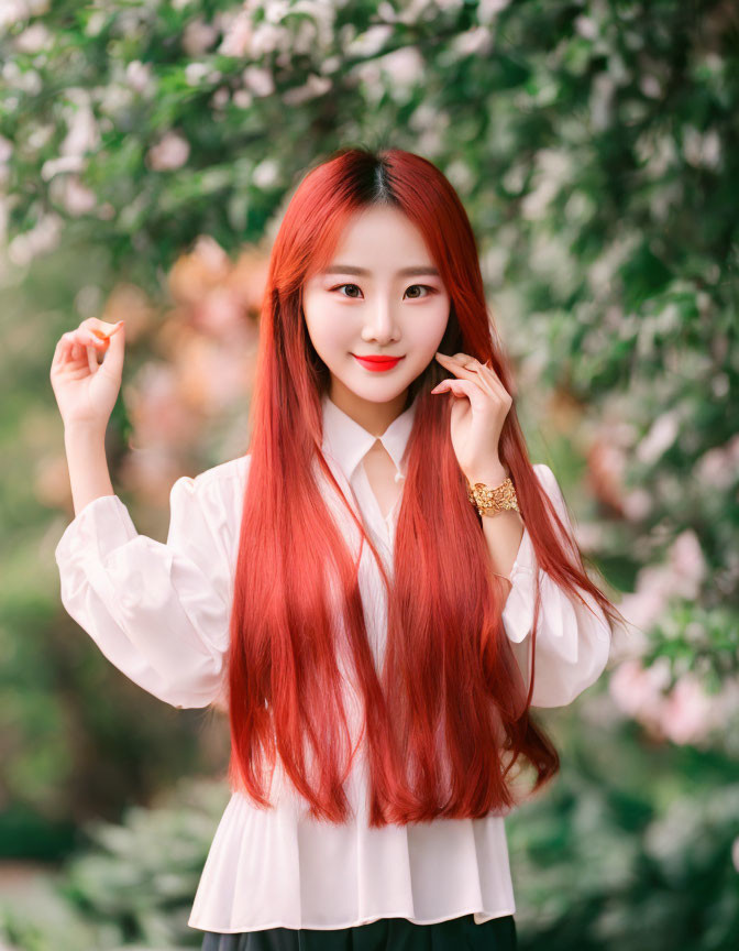 Woman with Long Red Hair Smiling in White Blouse