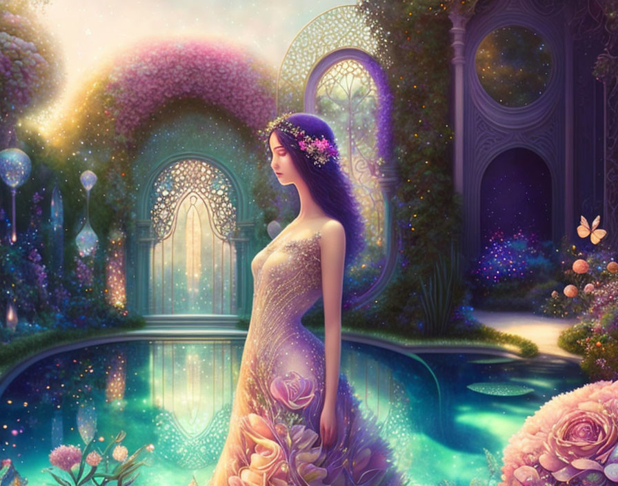 Woman in sparkling gown by tranquil pond in magical garden at twilight with glowing butterflies