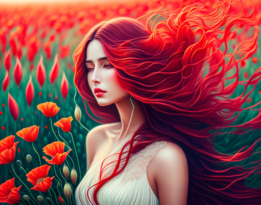 Red-haired woman in vibrant poppy field with thoughtful gaze