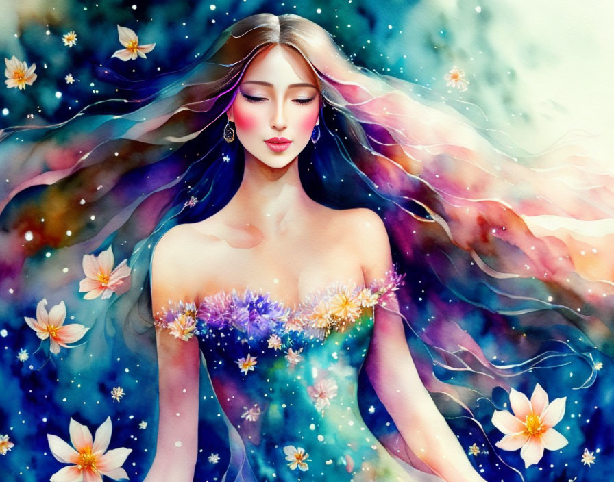 Vibrant illustration of woman with flowing hair and flowers on starry background