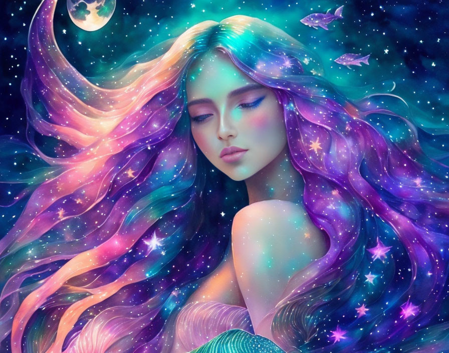 Surreal illustration of woman with galaxy hair in cosmic scene