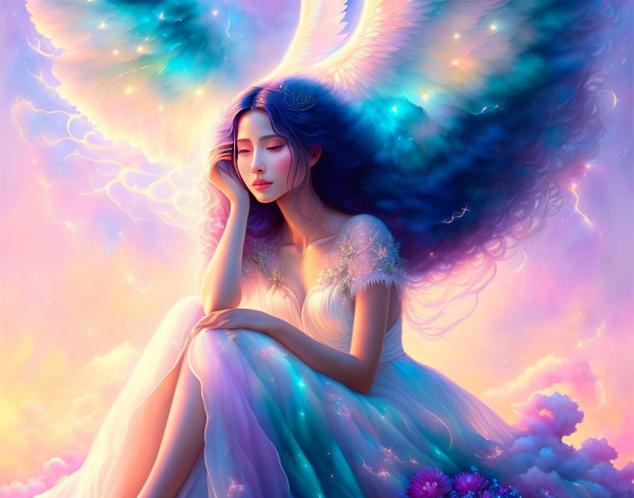 Illustration of woman with large ethereal wings in colorful, glowing backdrop