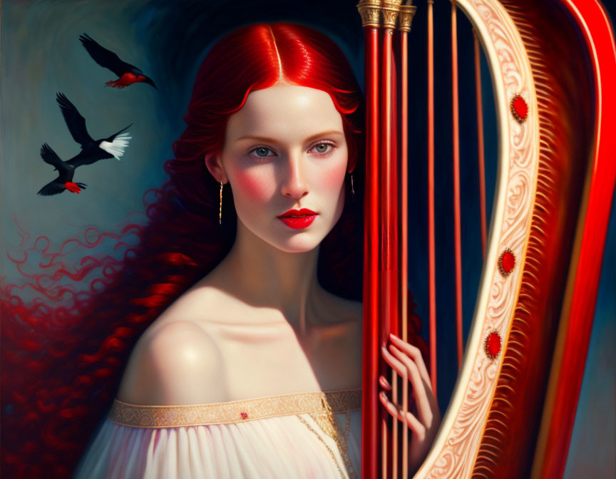 Red-haired woman playing harp with birds in fantastical illustration