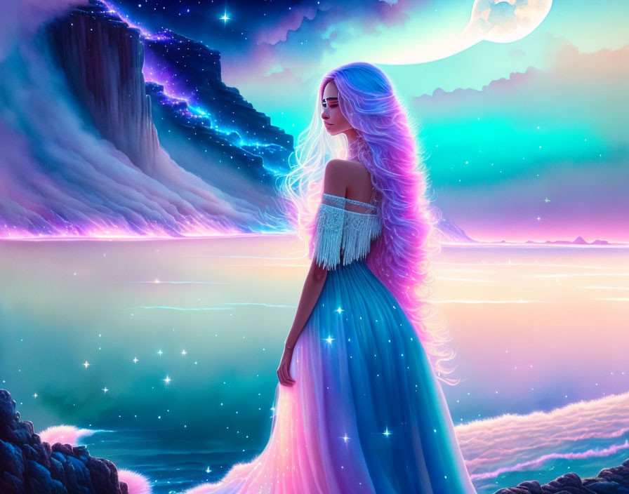 Woman with flowing hair in surreal landscape with waterfall, stars, glowing sea, full moon