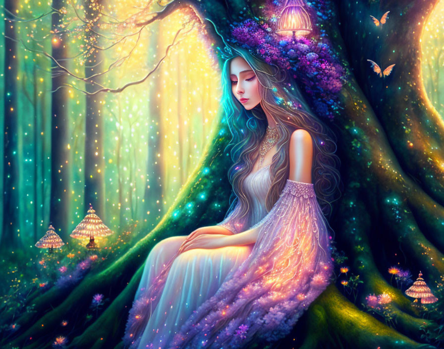 Fantastical artwork: Woman in enchanted forest with glowing mushrooms