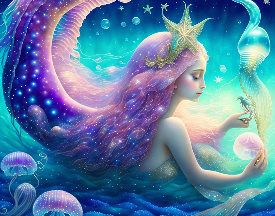 Mermaid with starfish accessories in underwater scene with seahorse.