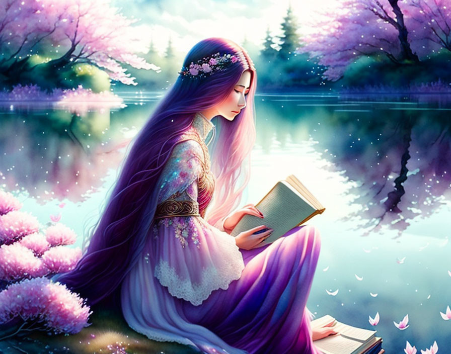 Illustration of woman with purple hair reading by tranquil lake surrounded by pink blossoms