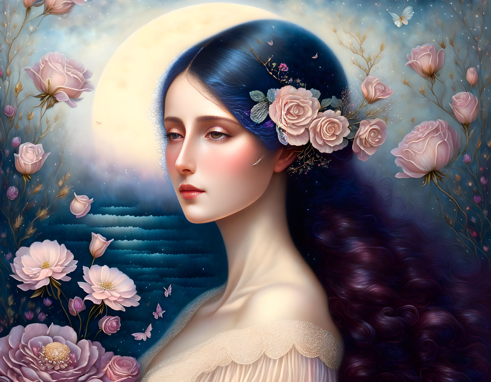 Illustrated portrait of woman with blue hair, flowers, full moon, roses