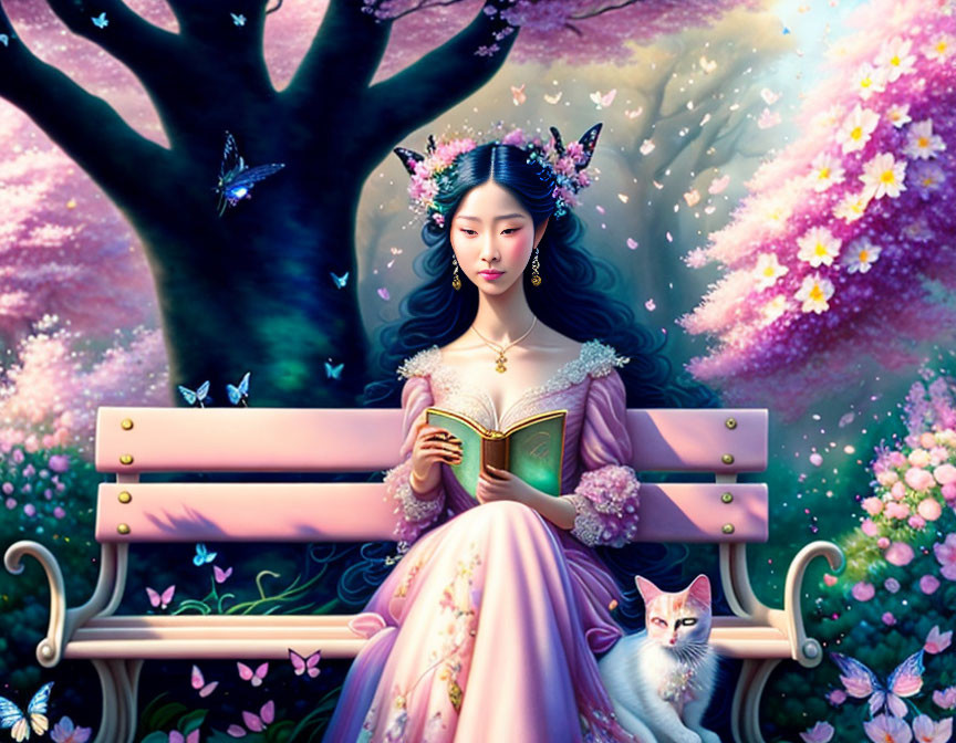 Woman in Pink Dress Reading Book Surrounded by Butterflies and White Cat