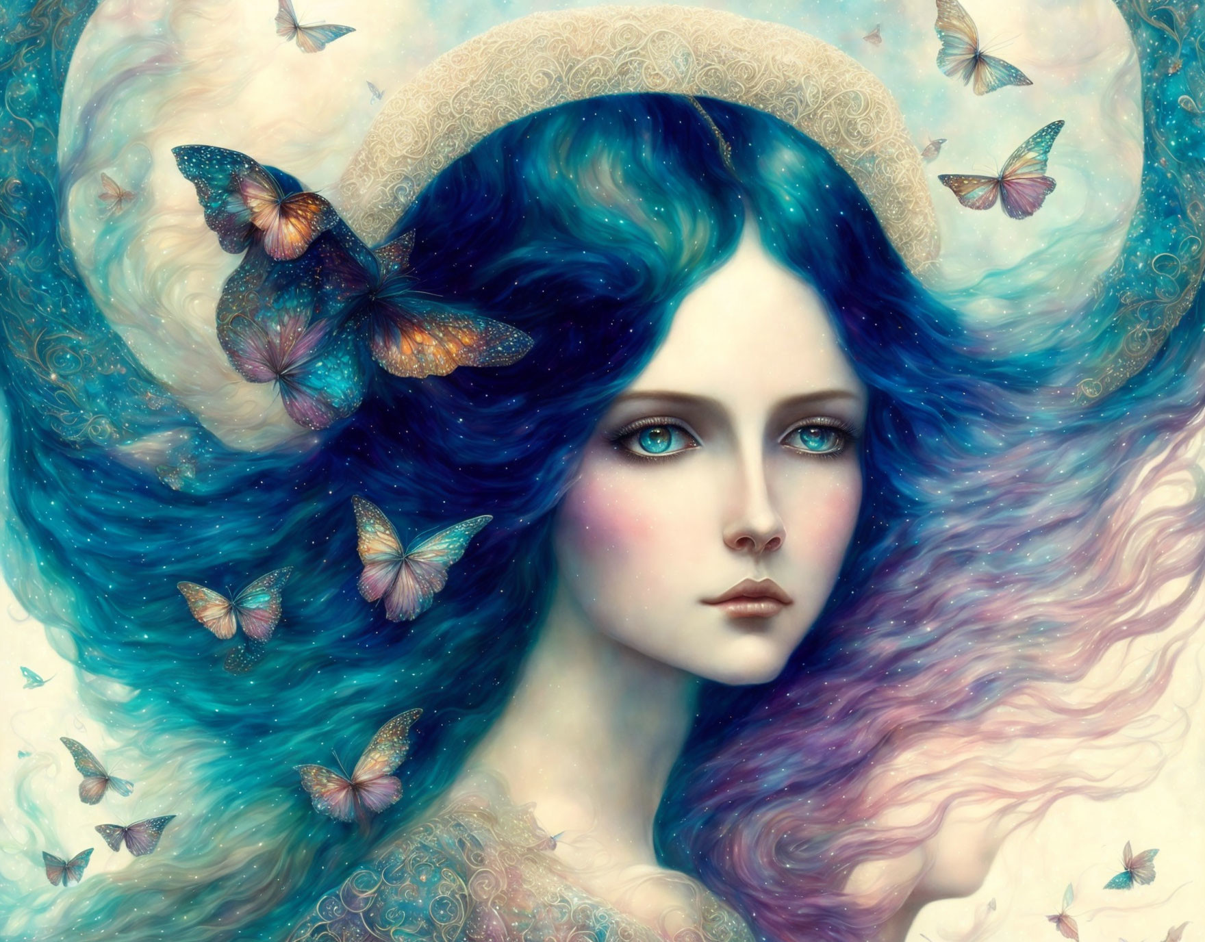 Surreal portrait of woman with flowing blue hair and butterflies in pastel tones