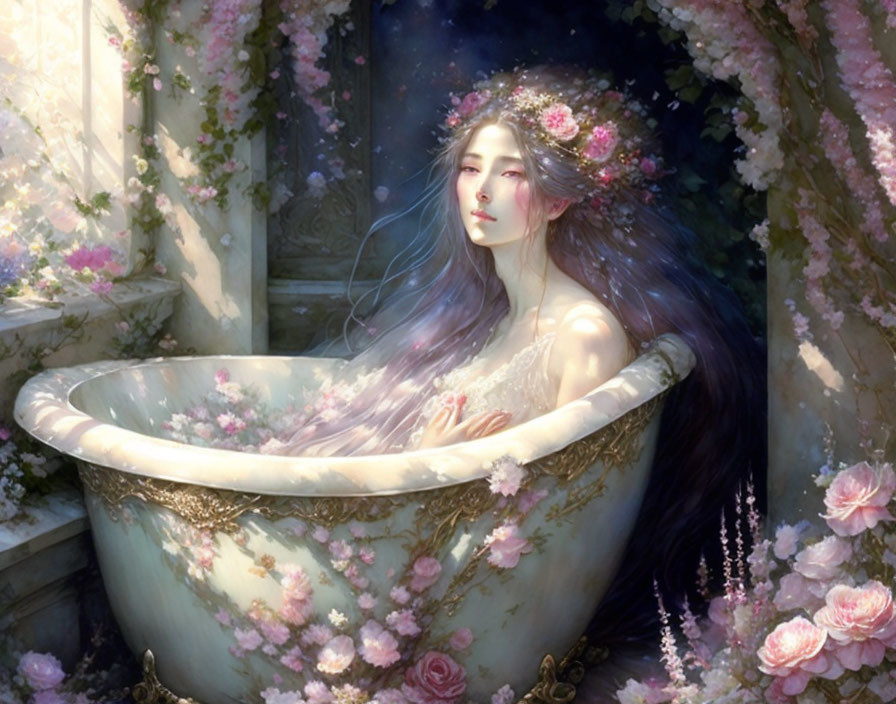 Illustration of woman with flowers in hair, sitting in floral bathtub.