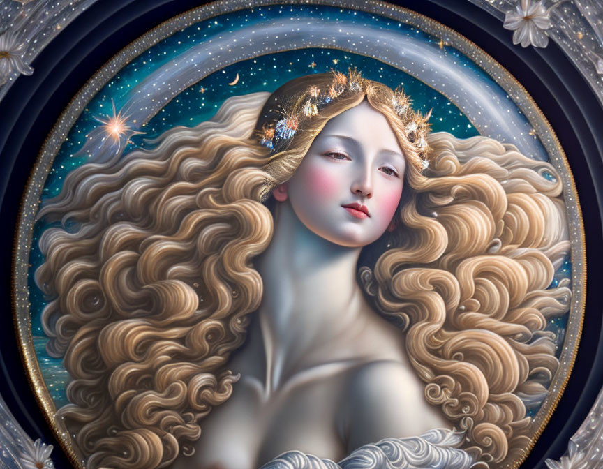 Detailed painting: Woman with curly hair in night sky motif, celestial bodies, and floral adornments.