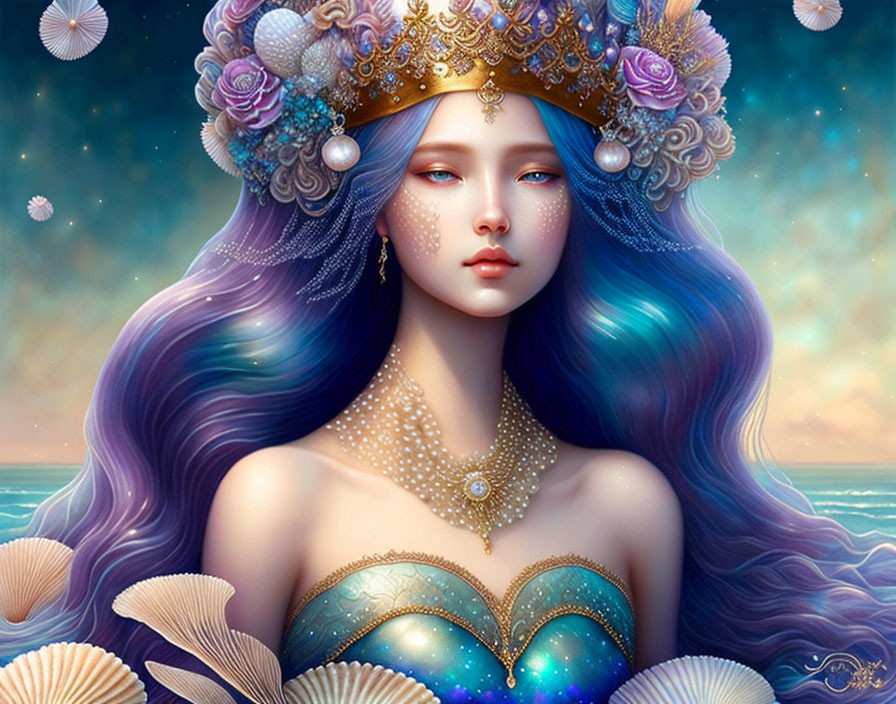 Illustration of woman with blue and purple hair, wearing gold crown and shell attire in oceanic setting