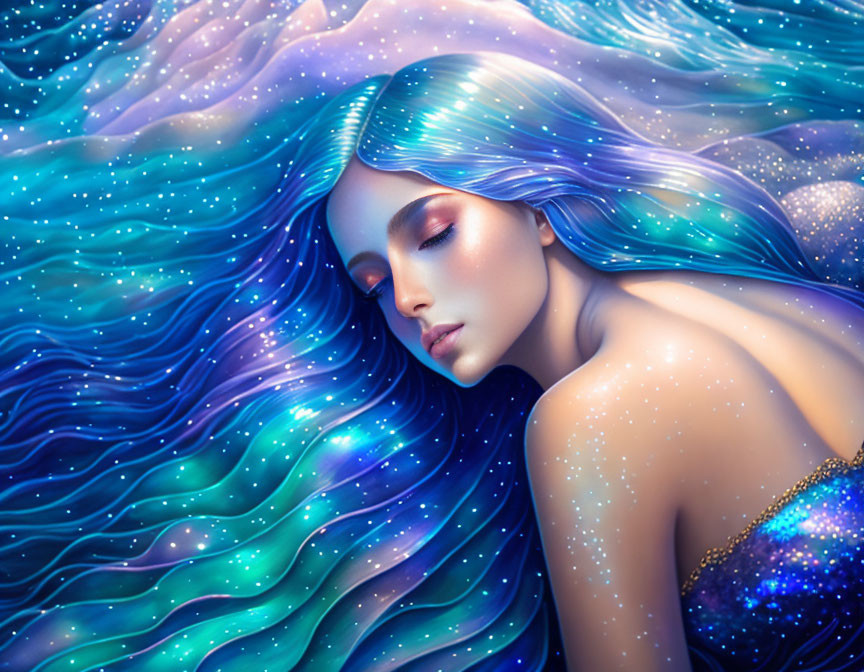 Illustration of woman with flowing blue hair in ocean waves against starry sea background