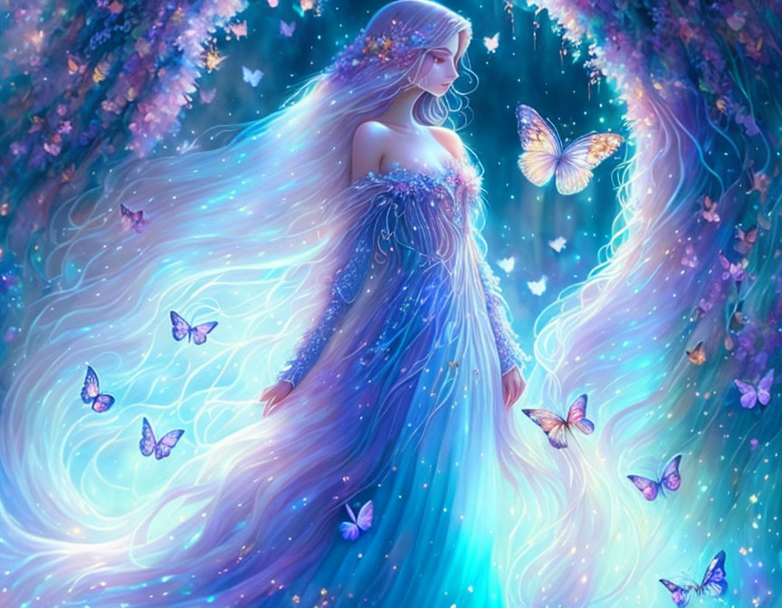 Ethereal woman with glowing butterflies in magical floral archway