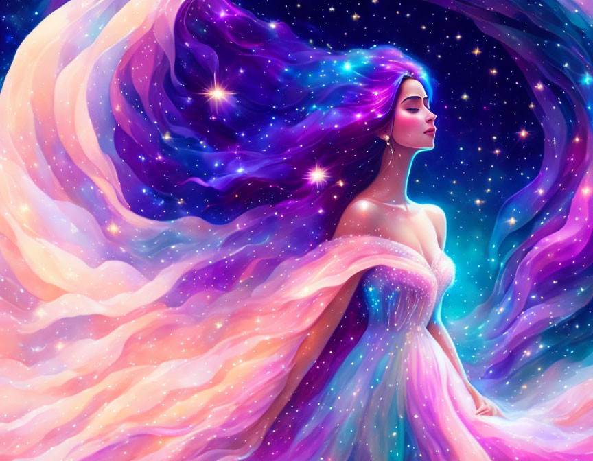 Digital Art: Woman with Galaxy-Themed Hair and Dress in Vibrant Purples, Blues,