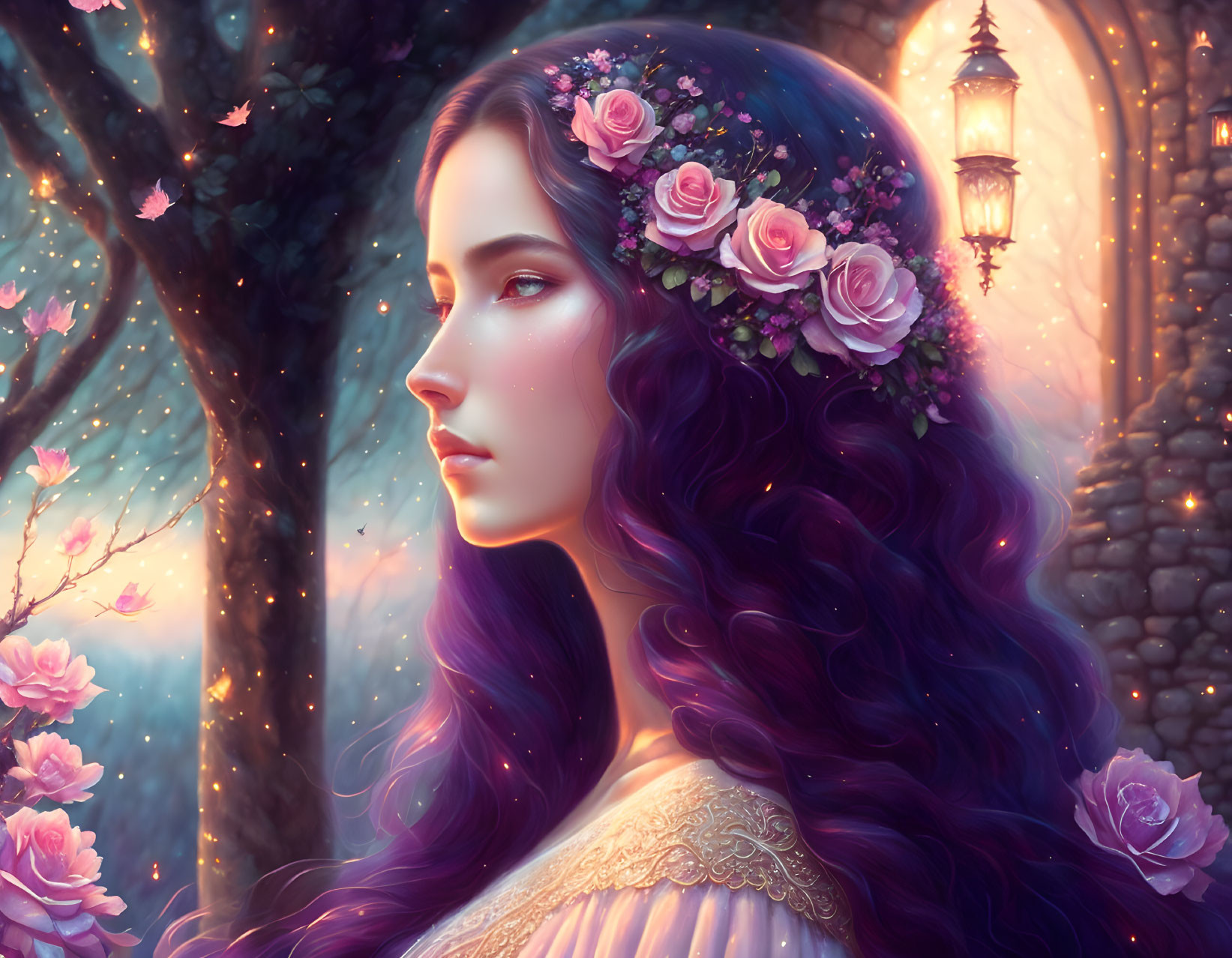 Digital illustration: Woman with purple wavy hair in rose-adorned garden.