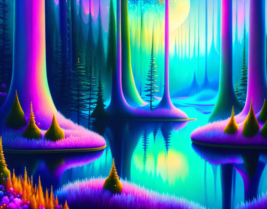 Colorful Landscape with Neon Hues Reflecting in Water