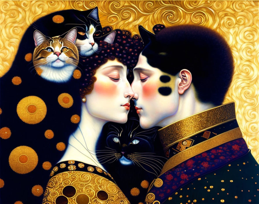 Illustration of couple embracing with cats on shoulders on gold-patterned backdrop