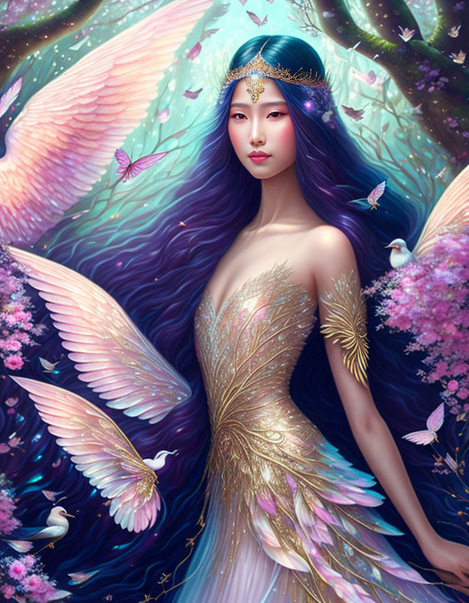 Mystical woman with purple hair in golden gown, surrounded by pink wings, swans, and