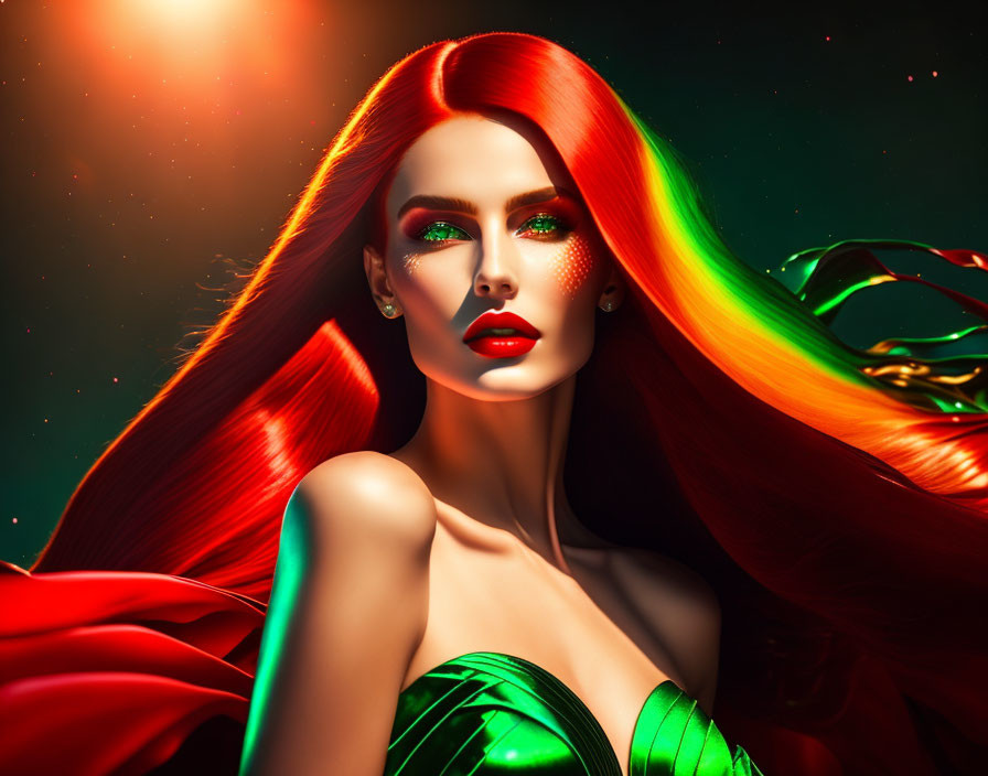 Red-haired woman in green dress under surreal red and green lighting