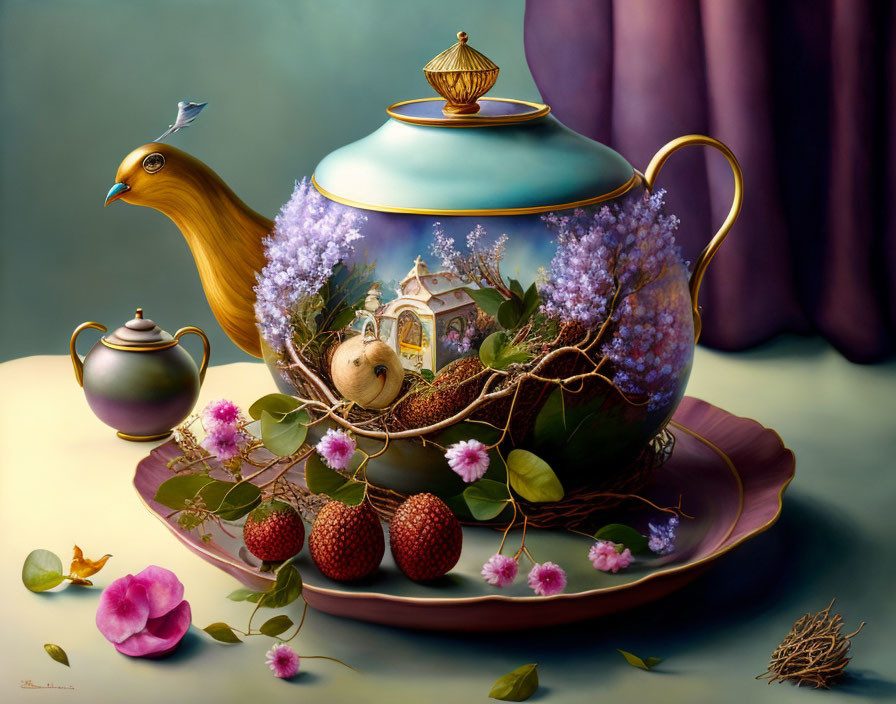 Ornate bird-shaped spout teapot on saucer with strawberries and flowers in whimsical scene