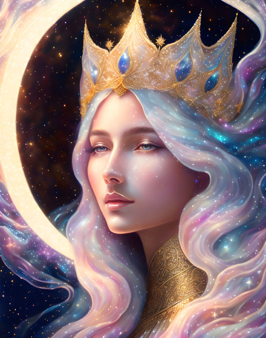 Celestial-themed portrait of a woman with star-infused hair and gold crown