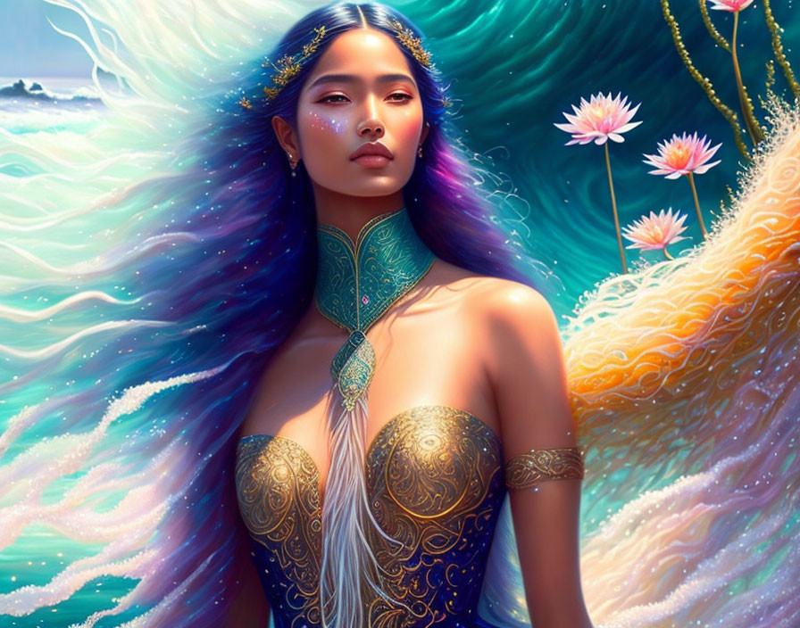 Fantasy illustration of woman with flowing, colorful hair and golden jewelry among water lilies