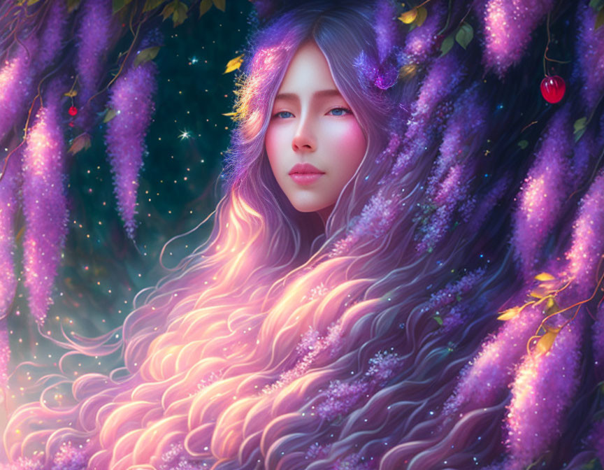 Mystical portrait of woman with purple hair, wisteria vines, red fruits, starlit