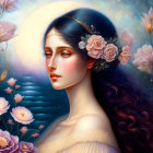 Illustrated portrait of woman with blue hair, flowers, full moon, roses