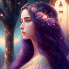 Digital illustration: Woman with purple wavy hair in rose-adorned garden.